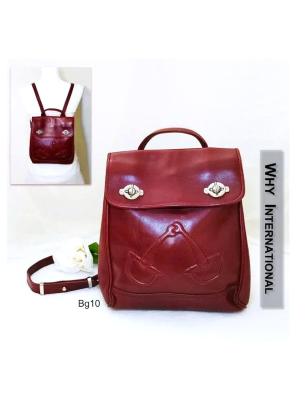 WHY Vintage Burgundy Red Genuine Leather Backpack Silver-tone Turn lock …